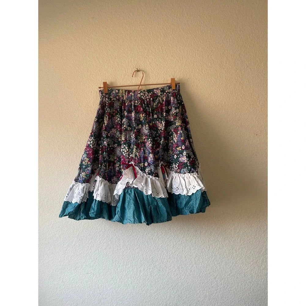 Vintage Style Floral Prairie Skirt Cottagecore Eyelet Lace Ruffle Mini Skirt
